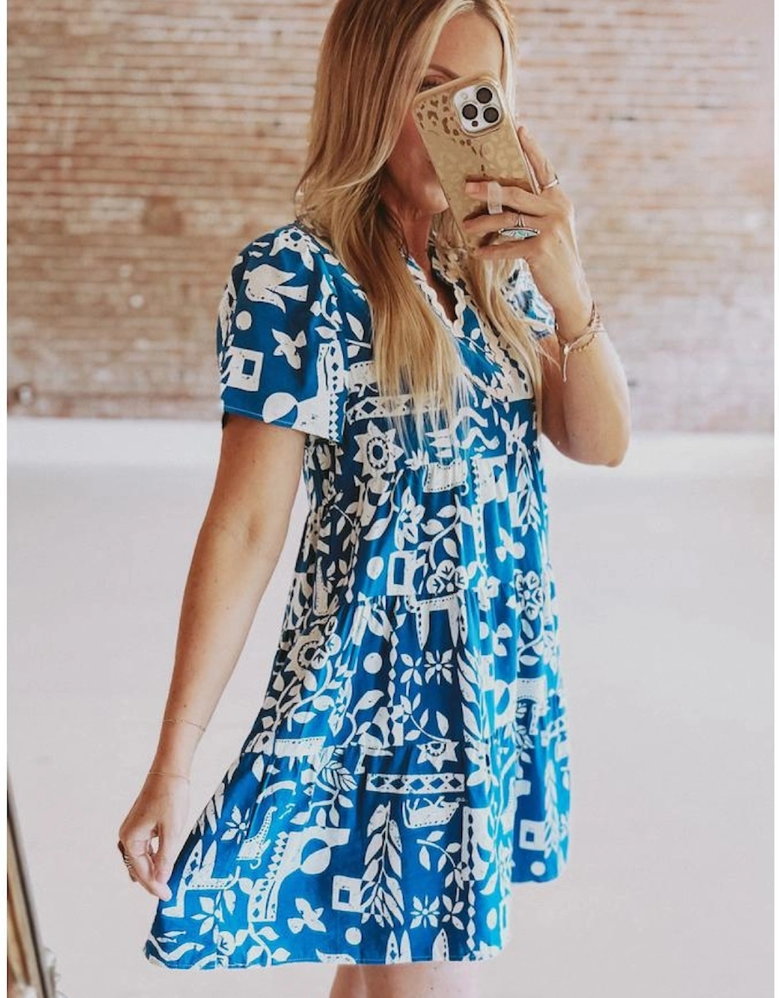 Blue Ricrac Trim Split Neck Floral Loose Dress, 10 of 9