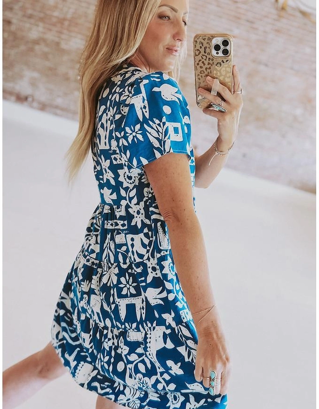 Blue Ricrac Trim Split Neck Floral Loose Dress