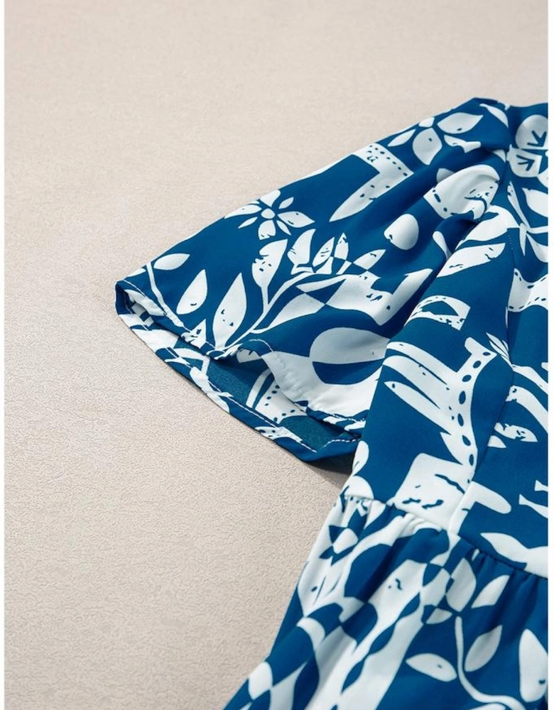 Blue Ricrac Trim Split Neck Floral Loose Dress