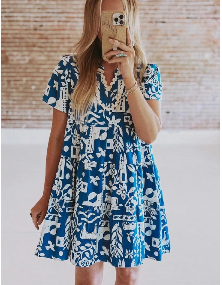 Blue Ricrac Trim Split Neck Floral Loose Dress