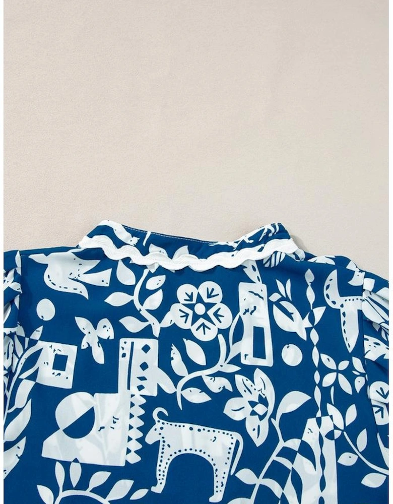 Blue Ricrac Trim Split Neck Floral Loose Dress