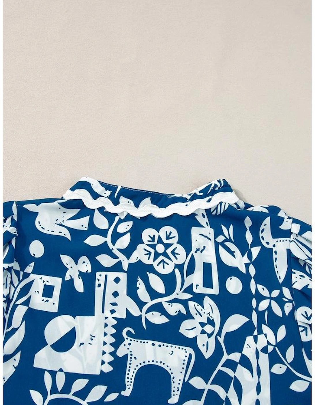 Blue Ricrac Trim Split Neck Floral Loose Dress