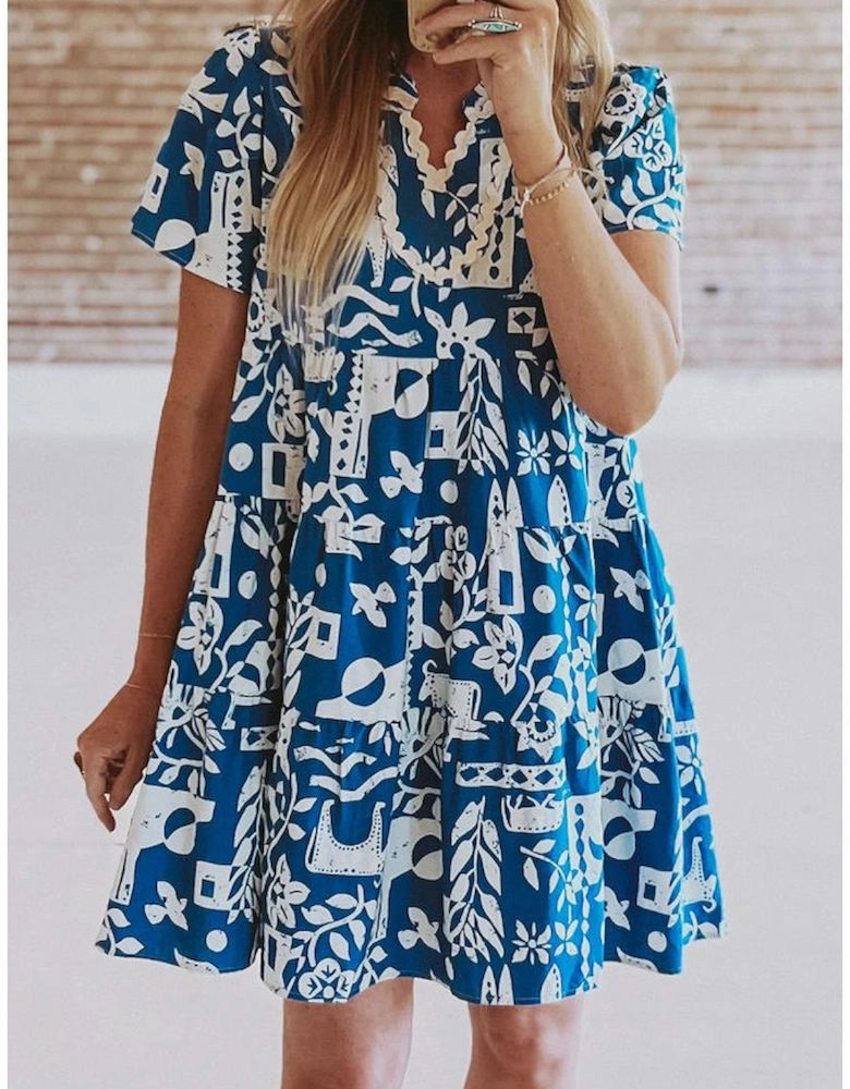 Blue Ricrac Trim Split Neck Floral Loose Dress