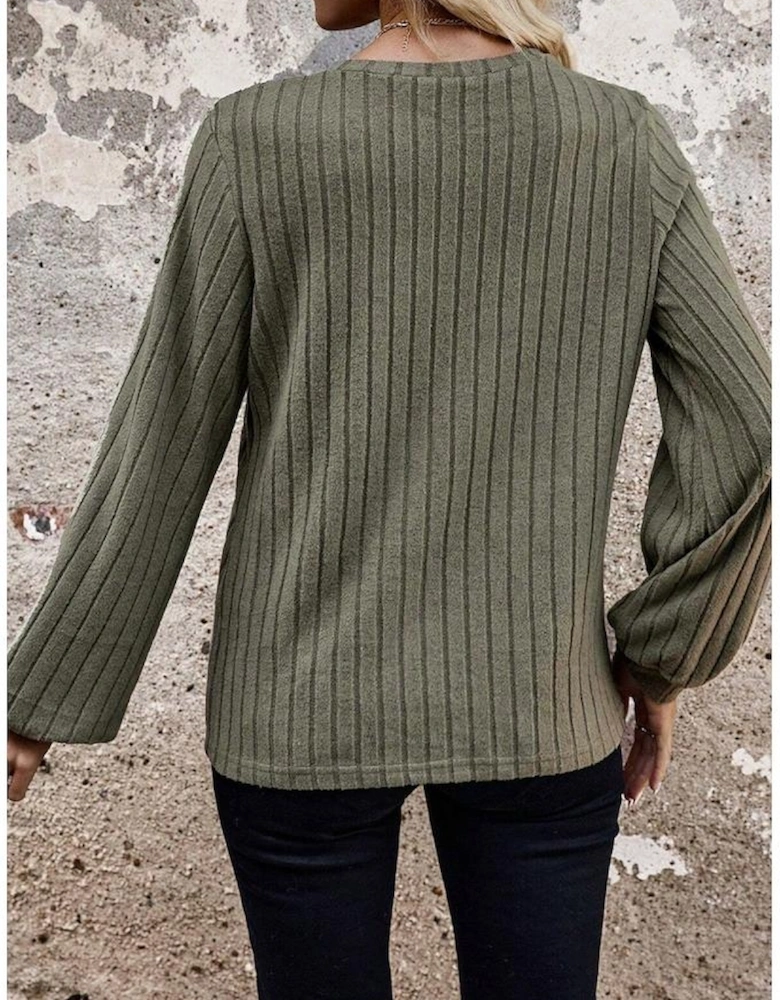 Moss Green Leopard Print Crochet Patchwork Rib Textured Knit Top