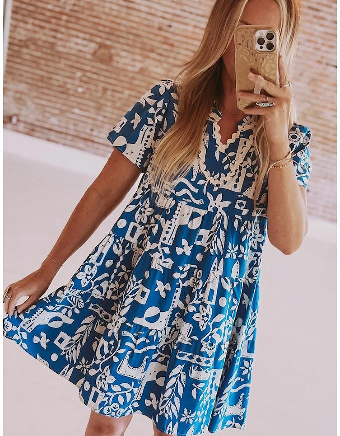 Blue Ricrac Trim Split Neck Floral Loose Dress