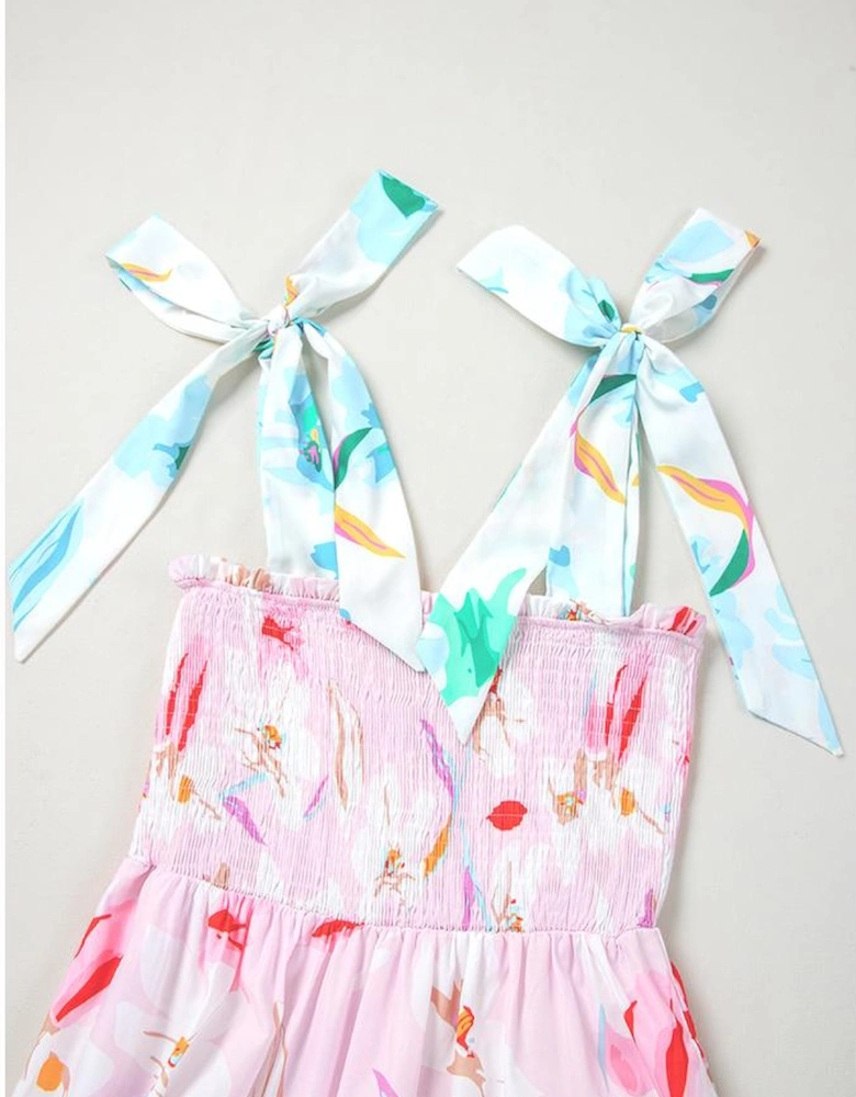 Pink Floral Print Knotted Shoulder Smocked Maxi Dress