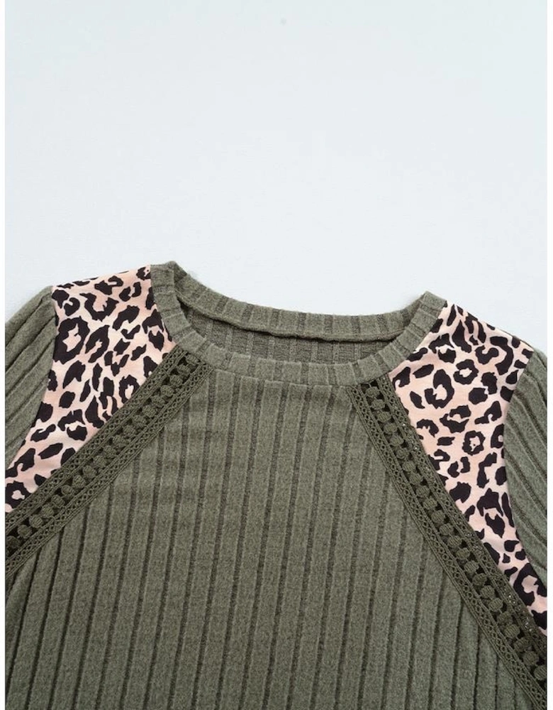 Moss Green Leopard Print Crochet Patchwork Rib Textured Knit Top