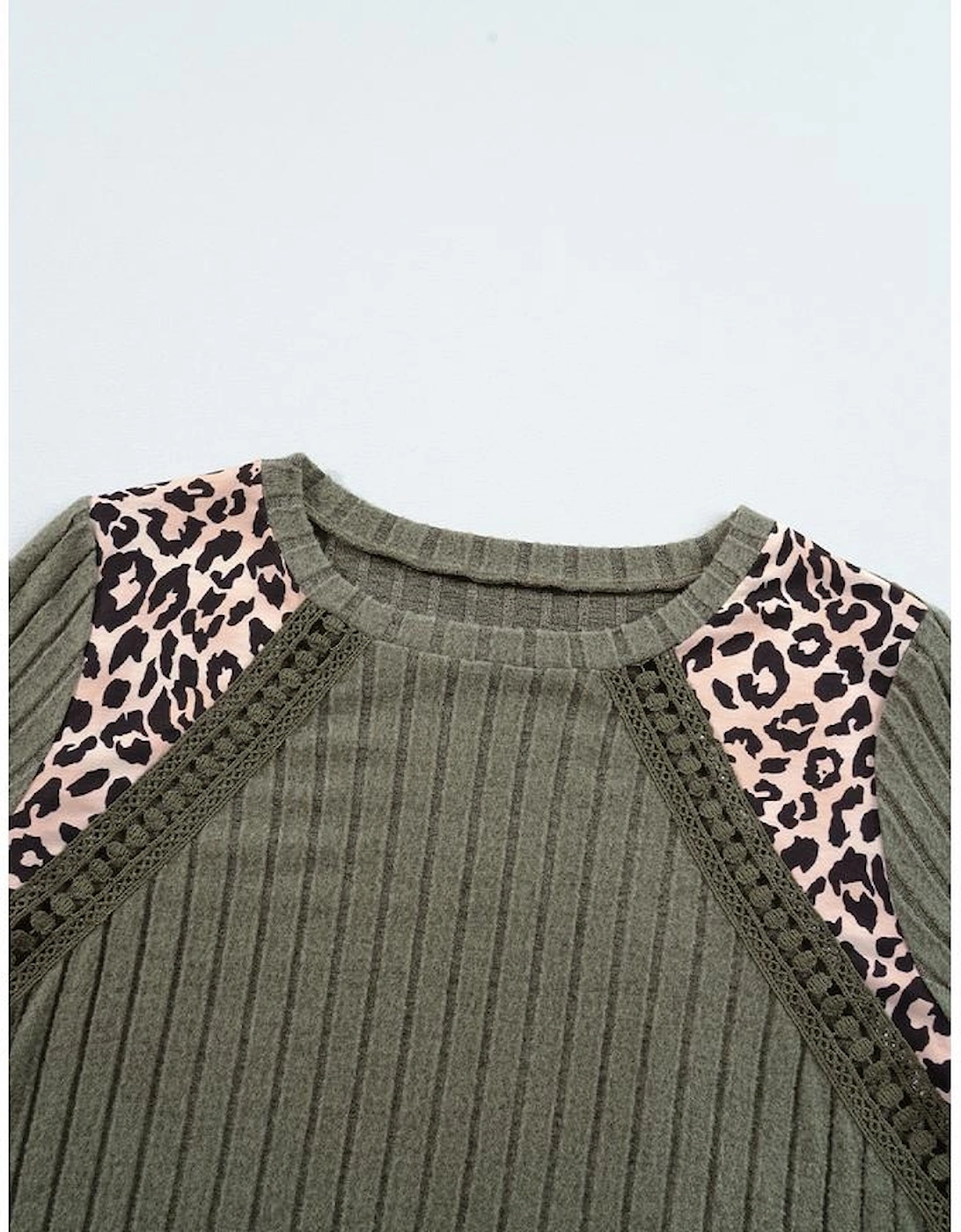 Moss Green Leopard Print Crochet Patchwork Rib Textured Knit Top