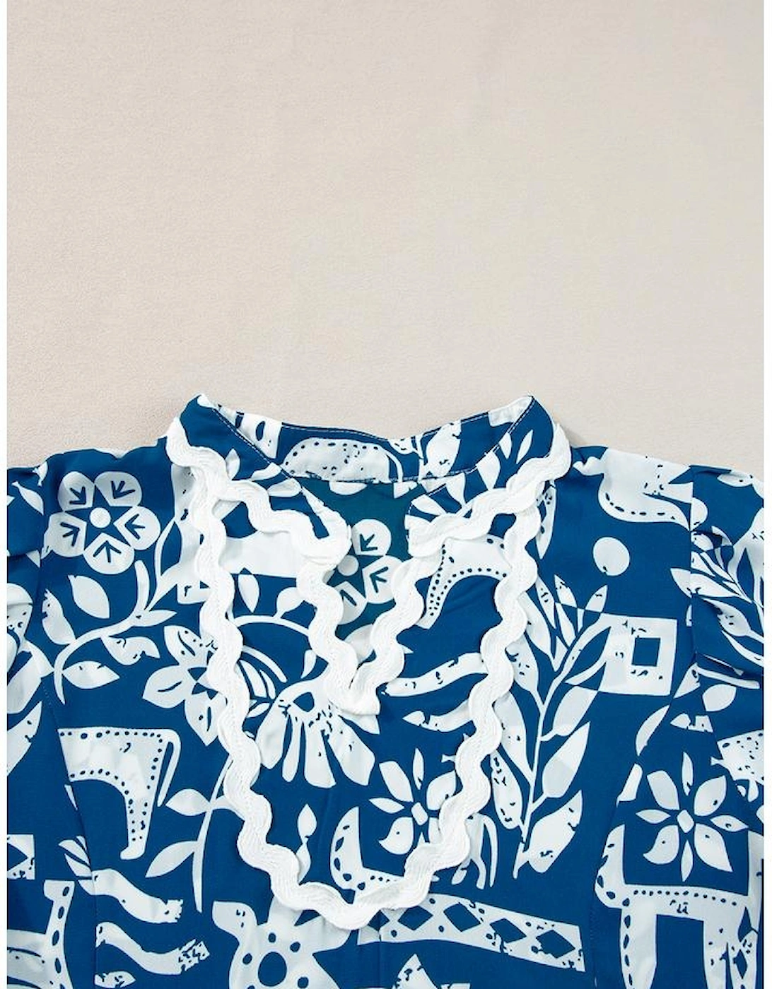 Blue Ricrac Trim Split Neck Floral Loose Dress