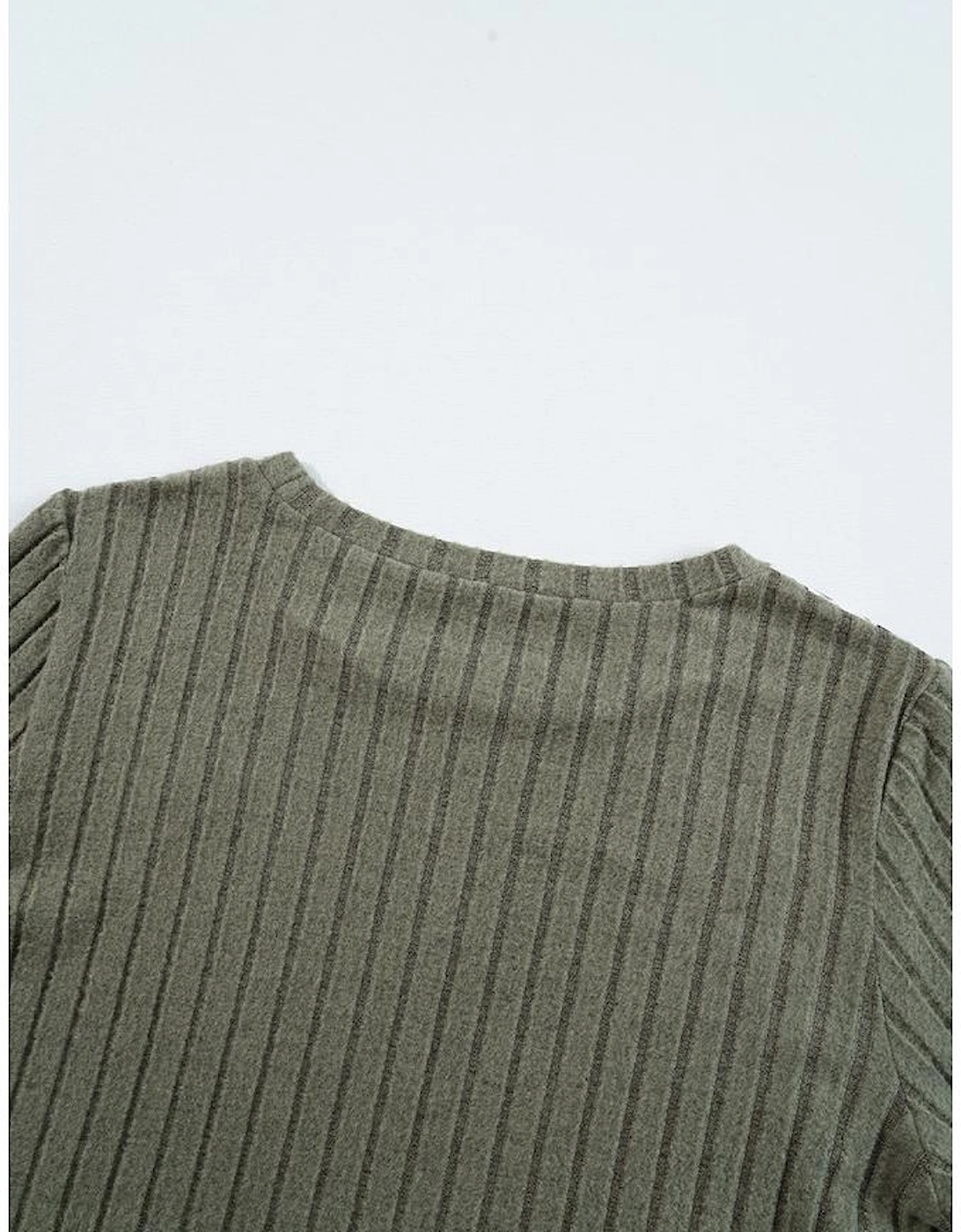 Moss Green Leopard Print Crochet Patchwork Rib Textured Knit Top