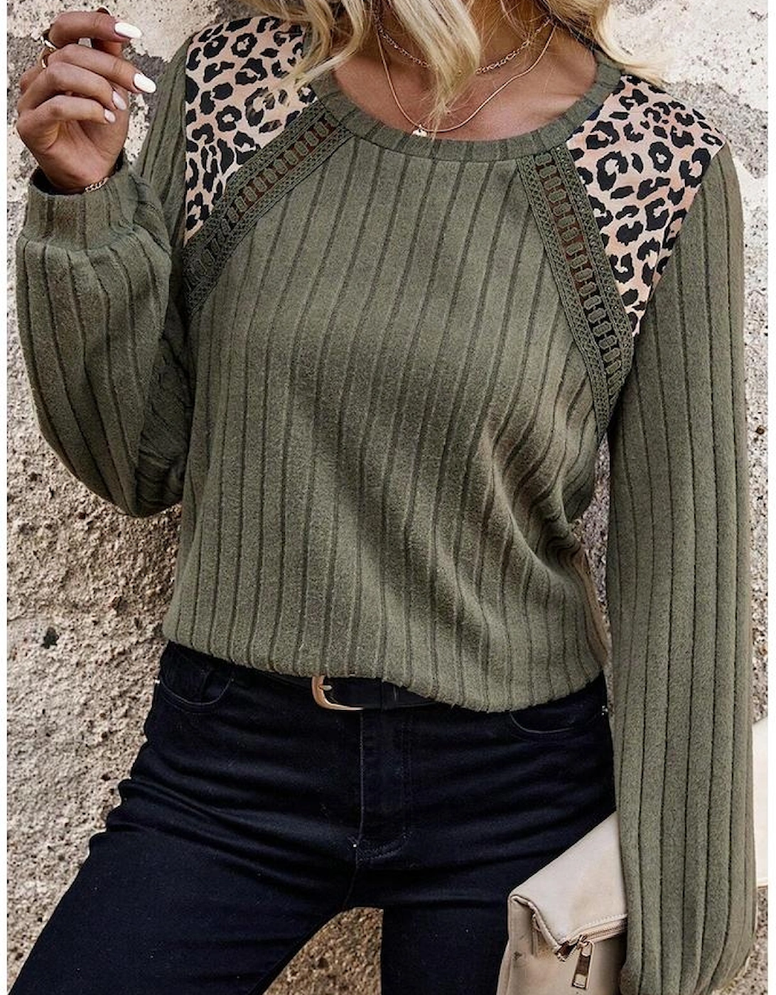 Moss Green Leopard Print Crochet Patchwork Rib Textured Knit Top