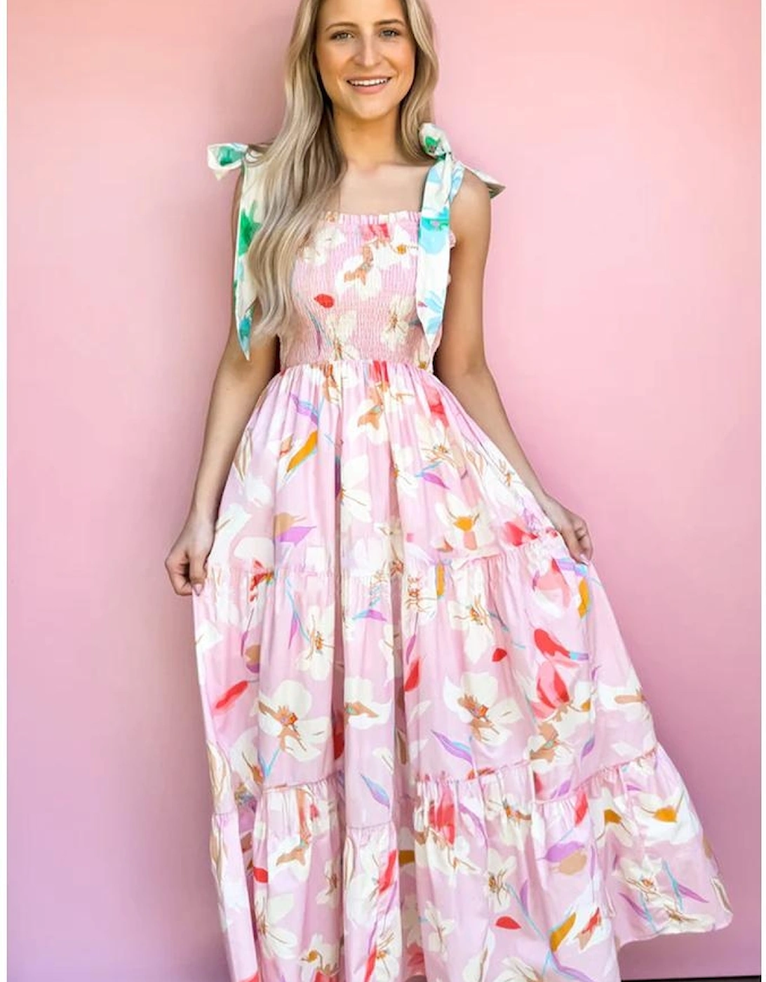 Pink Floral Print Knotted Shoulder Smocked Maxi Dress, 12 of 11