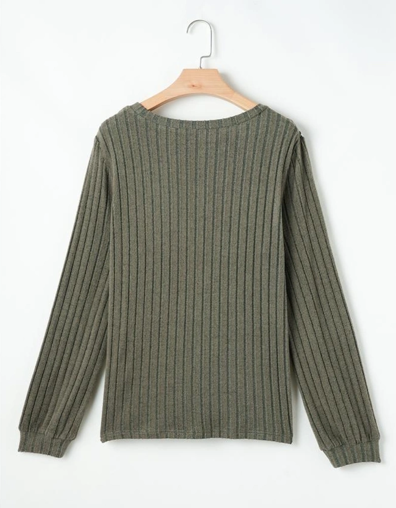 Moss Green Leopard Print Crochet Patchwork Rib Textured Knit Top