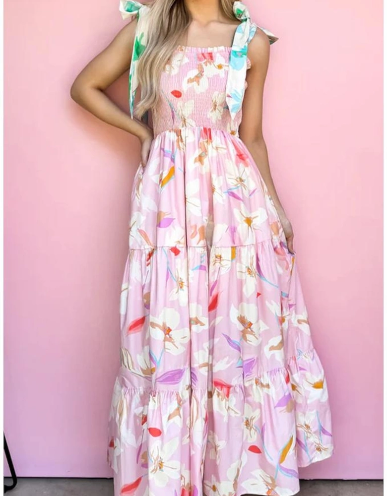 Pink Floral Print Knotted Shoulder Smocked Maxi Dress