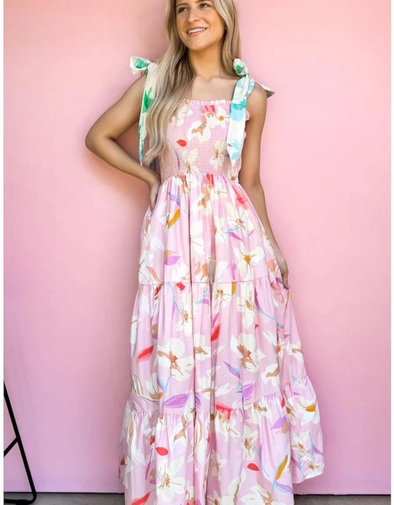 Pink Floral Print Knotted Shoulder Smocked Maxi Dress