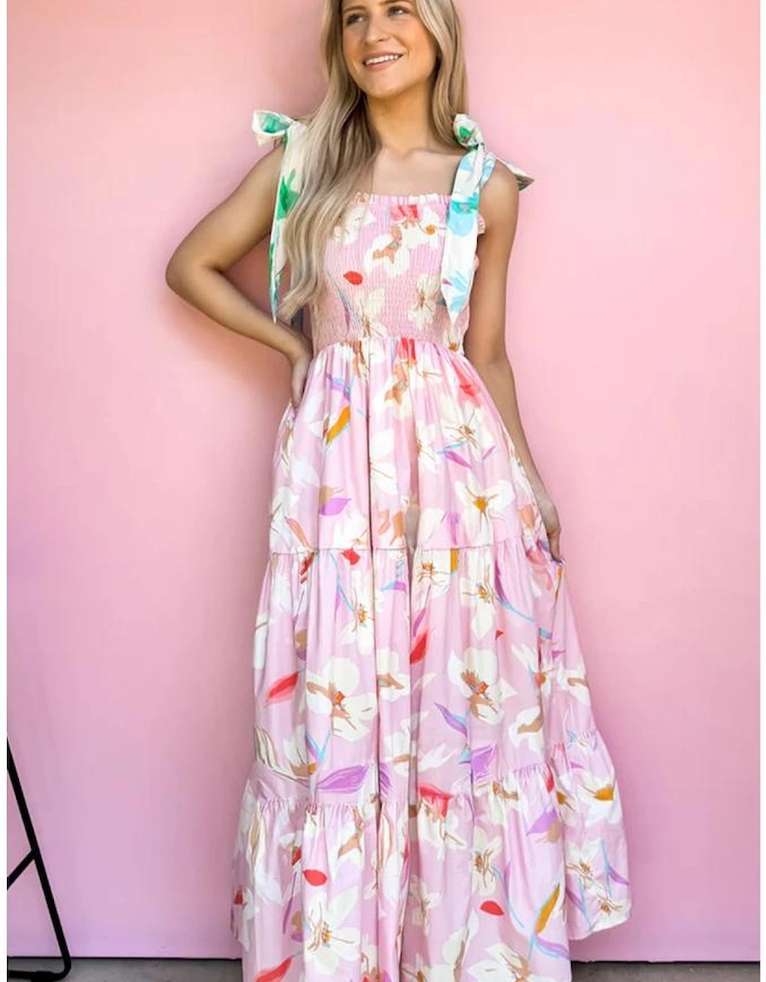 Pink Floral Print Knotted Shoulder Smocked Maxi Dress