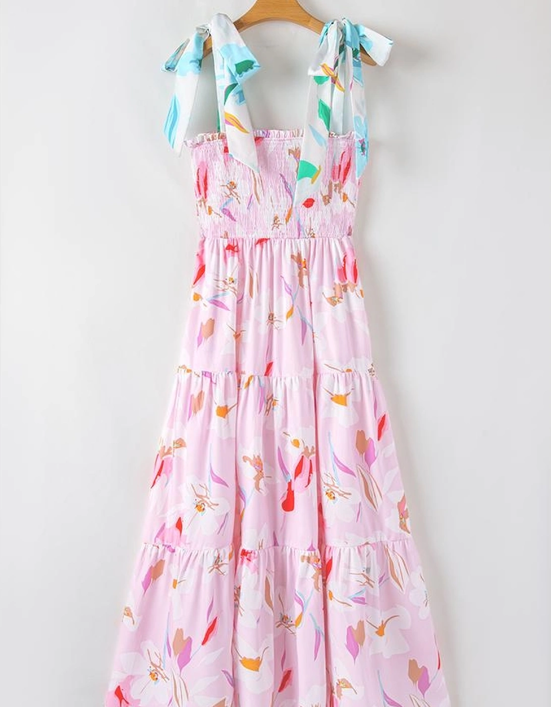 Pink Floral Print Knotted Shoulder Smocked Maxi Dress