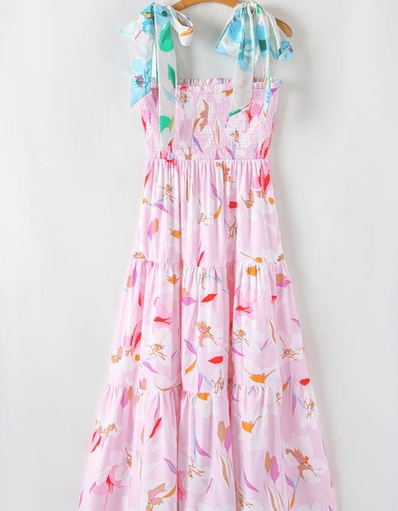 Pink Floral Print Knotted Shoulder Smocked Maxi Dress