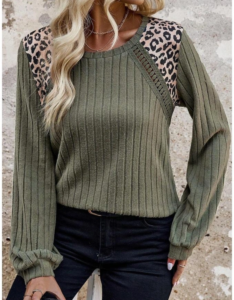 Moss Green Leopard Print Crochet Patchwork Rib Textured Knit Top