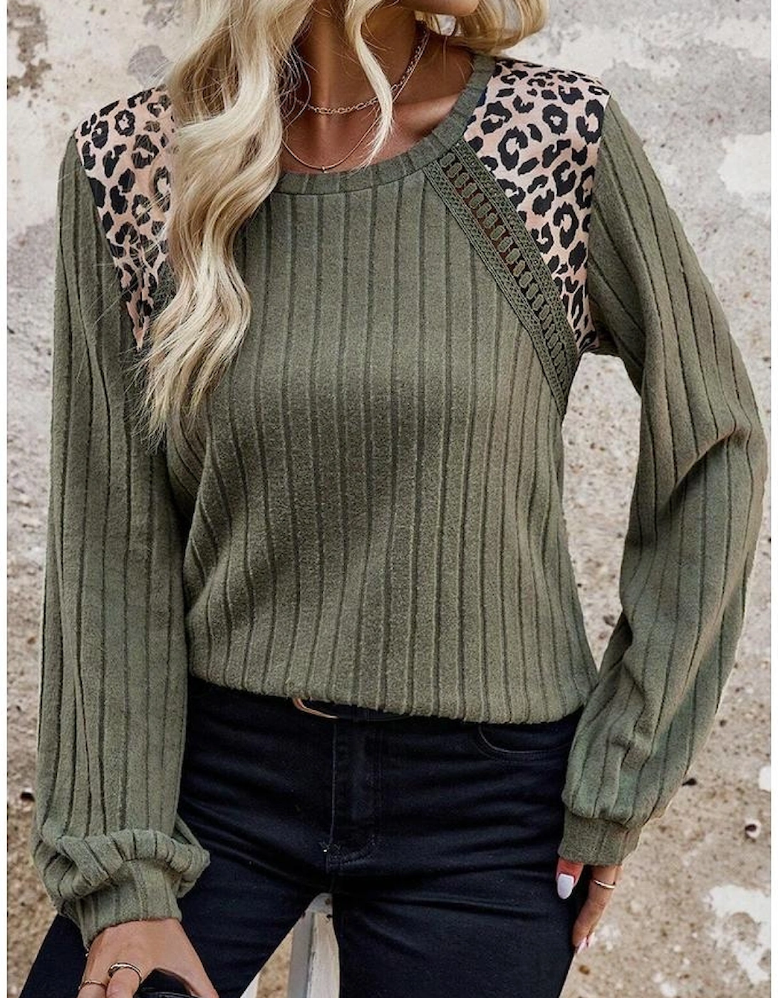 Moss Green Leopard Print Crochet Patchwork Rib Textured Knit Top