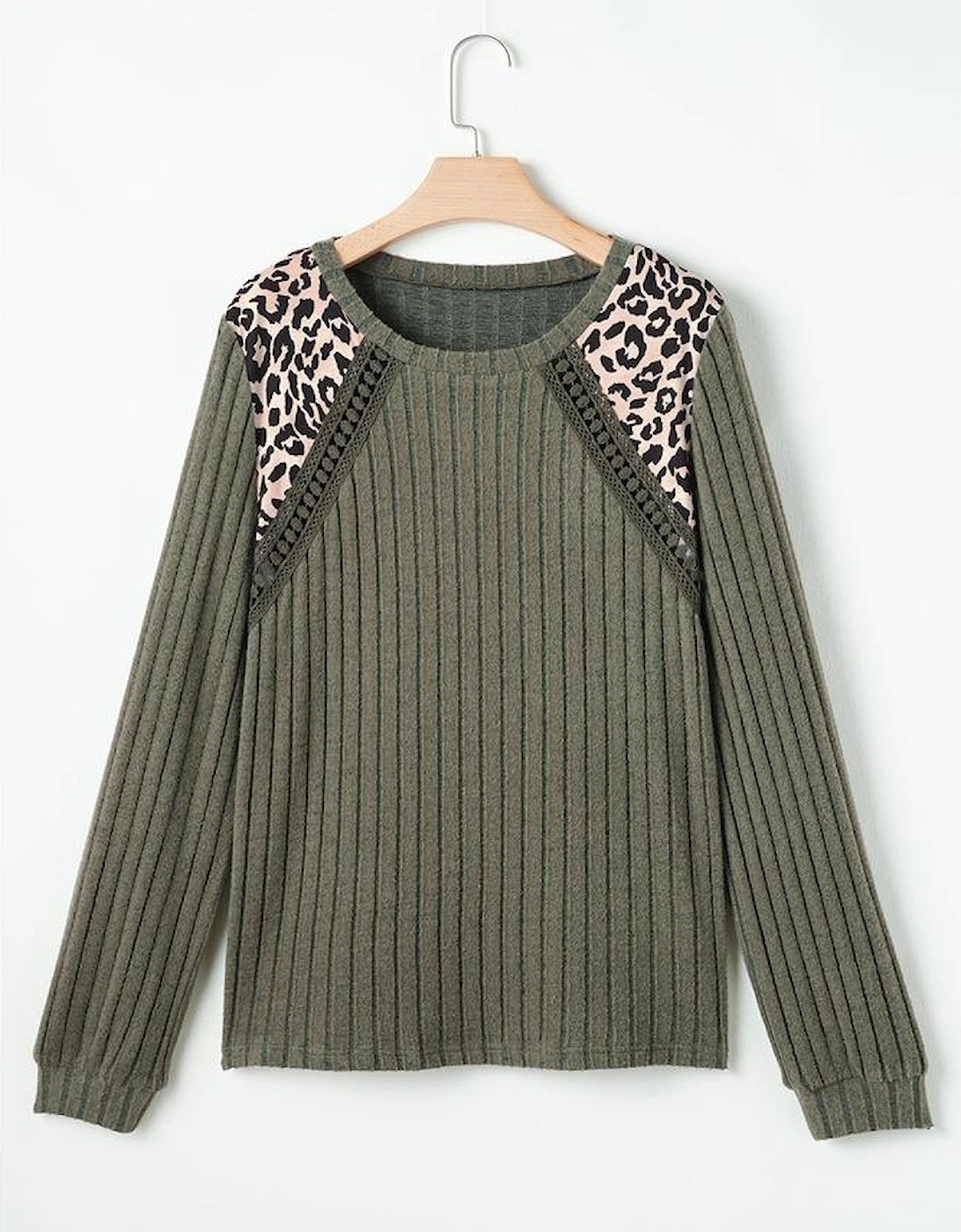 Moss Green Leopard Print Crochet Patchwork Rib Textured Knit Top