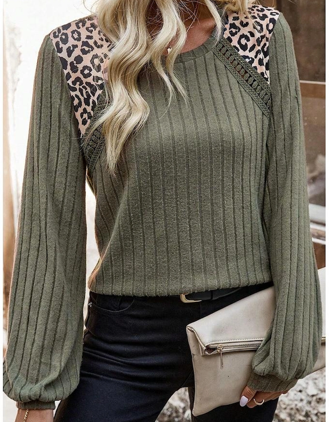 Moss Green Leopard Print Crochet Patchwork Rib Textured Knit Top