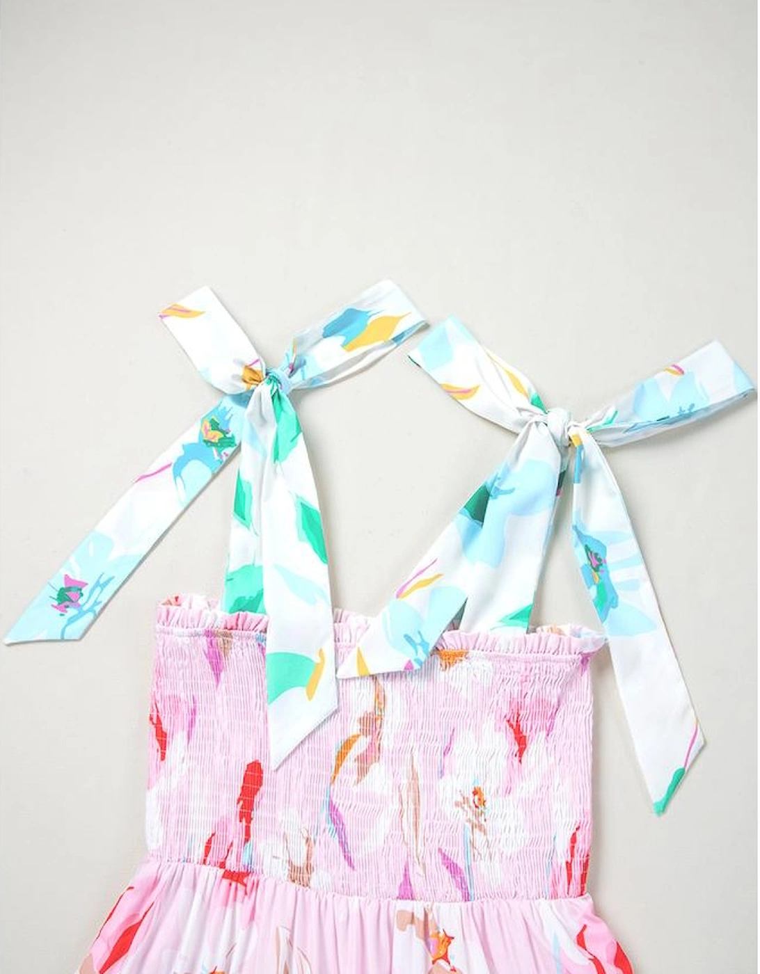 Pink Floral Print Knotted Shoulder Smocked Maxi Dress