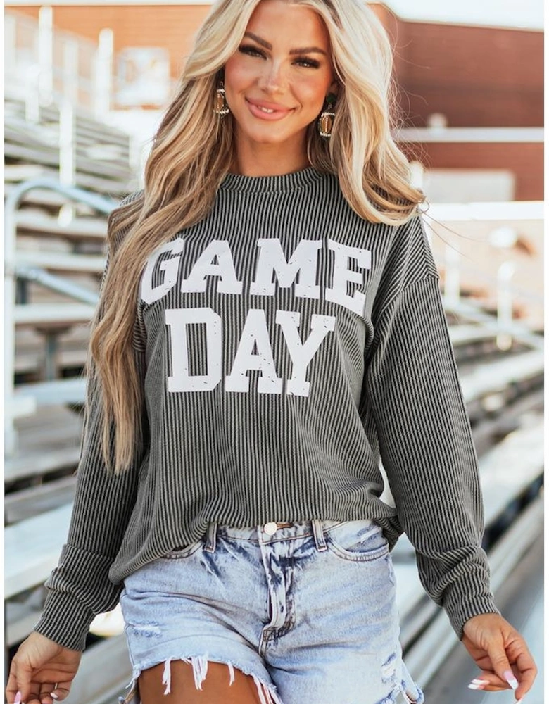 Dark Grey Corded GAME DAY Graphic Long Sleeve Crewneck Top