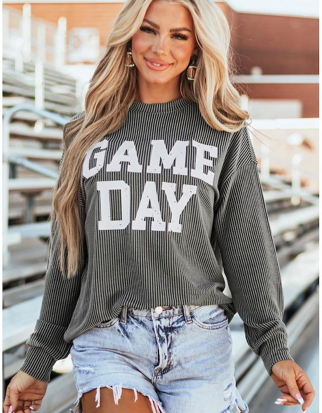 Dark Grey Corded GAME DAY Graphic Long Sleeve Crewneck Top