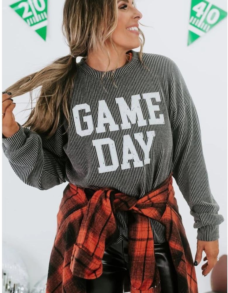 Dark Grey Corded GAME DAY Graphic Long Sleeve Crewneck Top