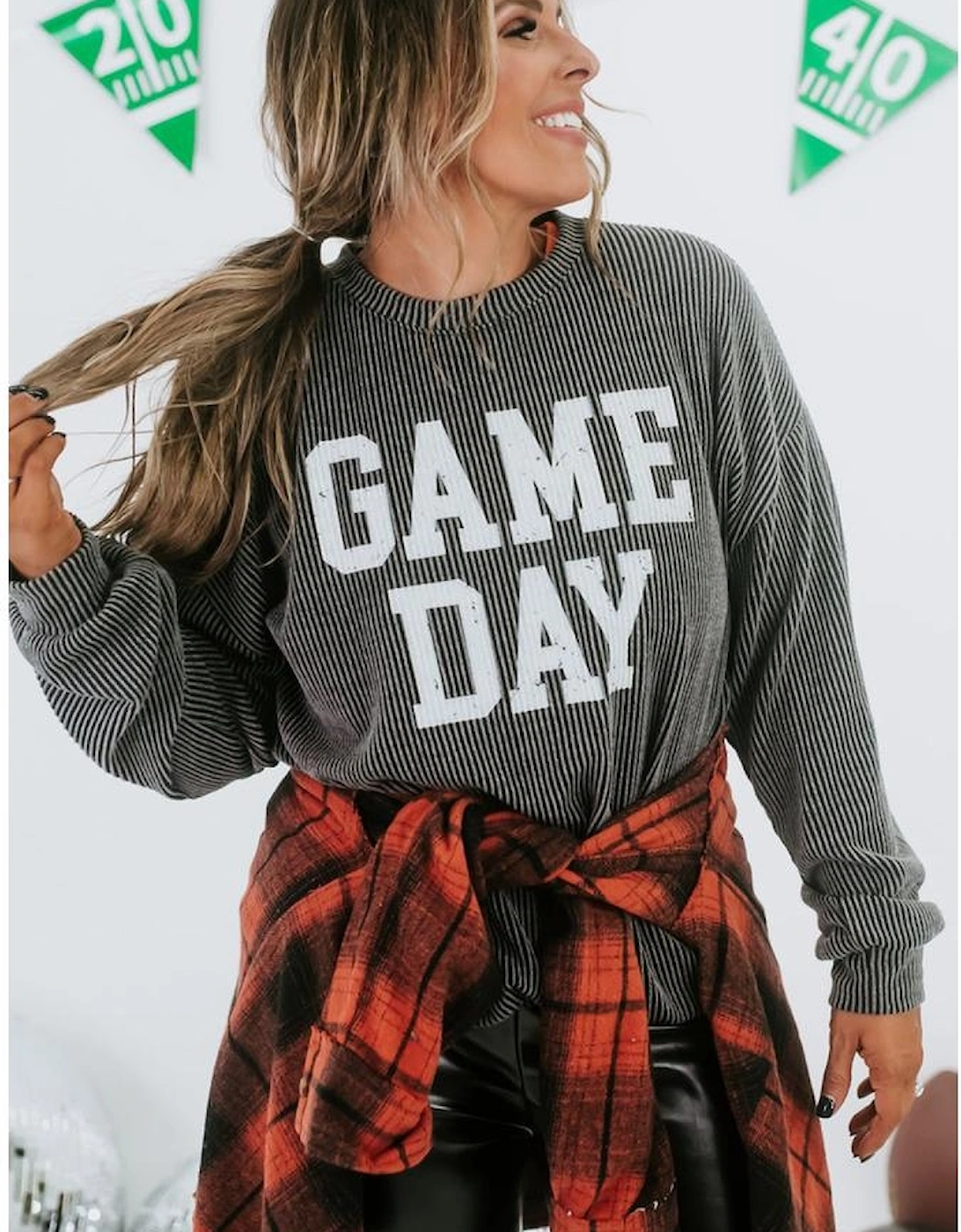 Dark Grey Corded GAME DAY Graphic Long Sleeve Crewneck Top
