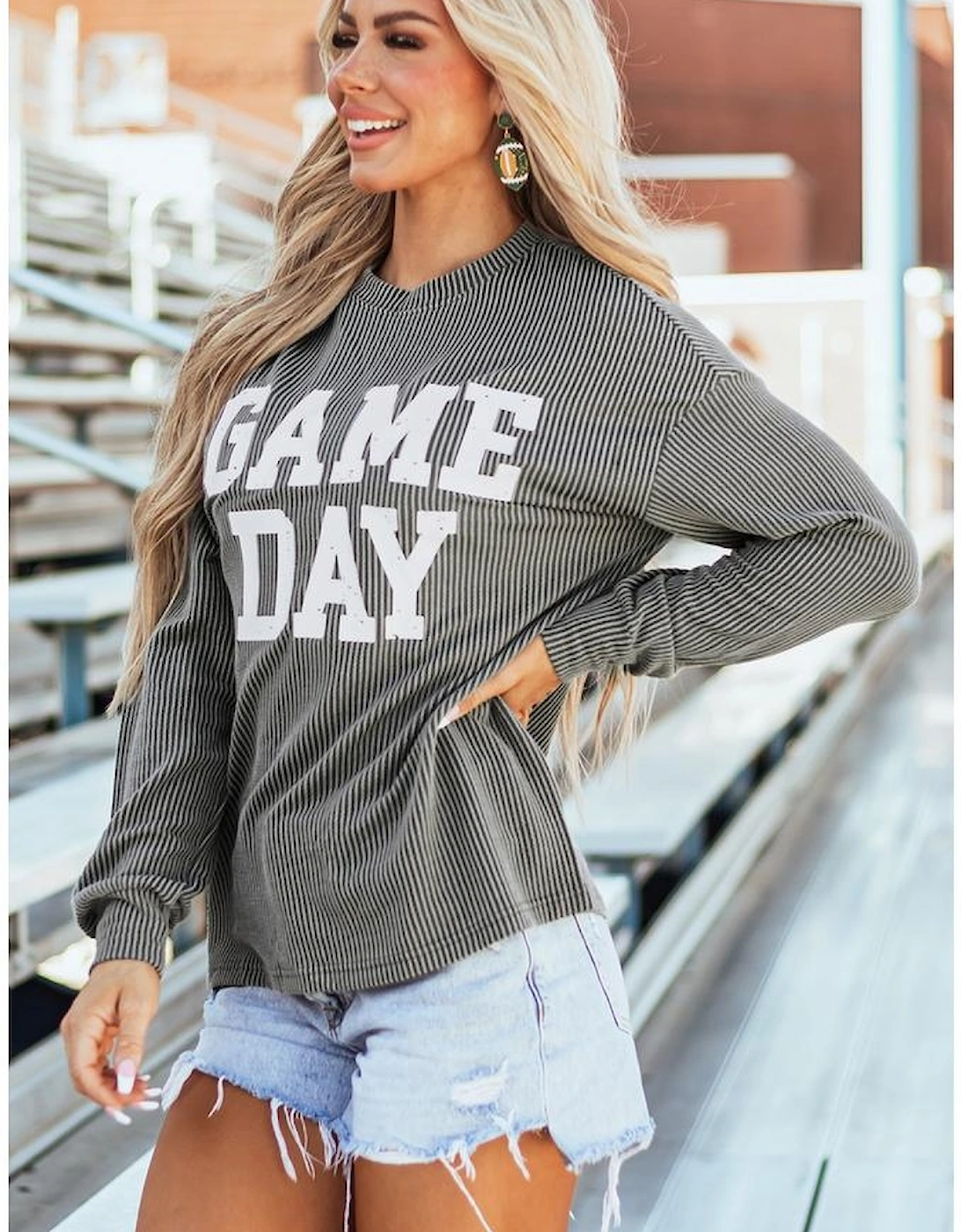 Dark Grey Corded GAME DAY Graphic Long Sleeve Crewneck Top
