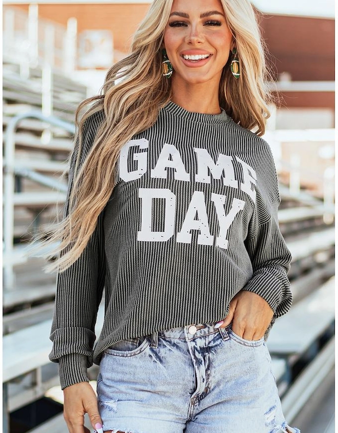 Dark Grey Corded GAME DAY Graphic Long Sleeve Crewneck Top