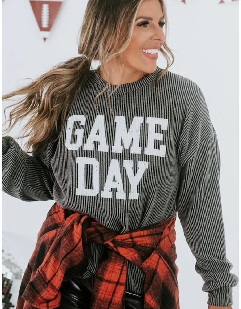 Dark Grey Corded GAME DAY Graphic Long Sleeve Crewneck Top