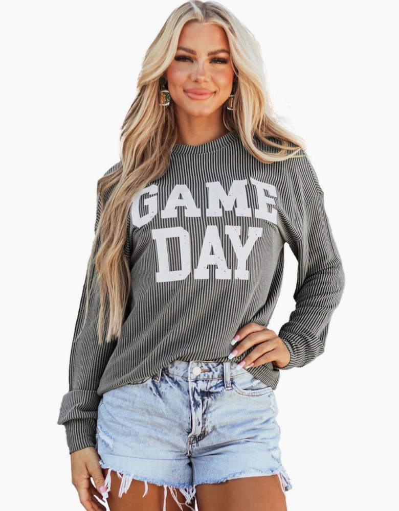 Dark Grey Corded GAME DAY Graphic Long Sleeve Crewneck Top