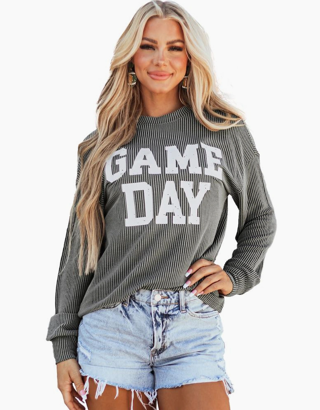 Dark Grey Corded GAME DAY Graphic Long Sleeve Crewneck Top