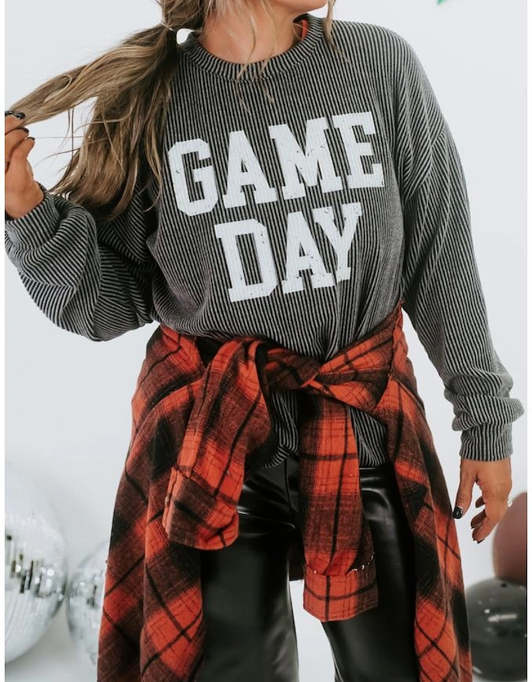Dark Grey Corded GAME DAY Graphic Long Sleeve Crewneck Top