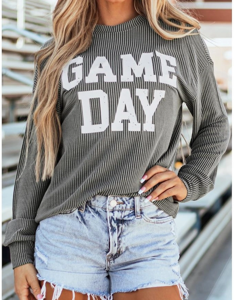 Dark Grey Corded GAME DAY Graphic Long Sleeve Crewneck Top