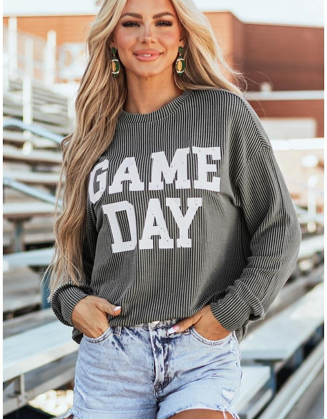 Dark Grey Corded GAME DAY Graphic Long Sleeve Crewneck Top