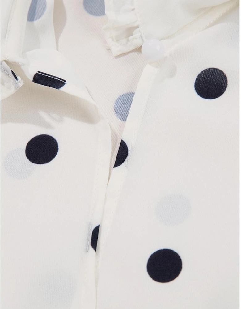 White Polka Dot Collared Lace up Font Puff Sleeve Peplum Top