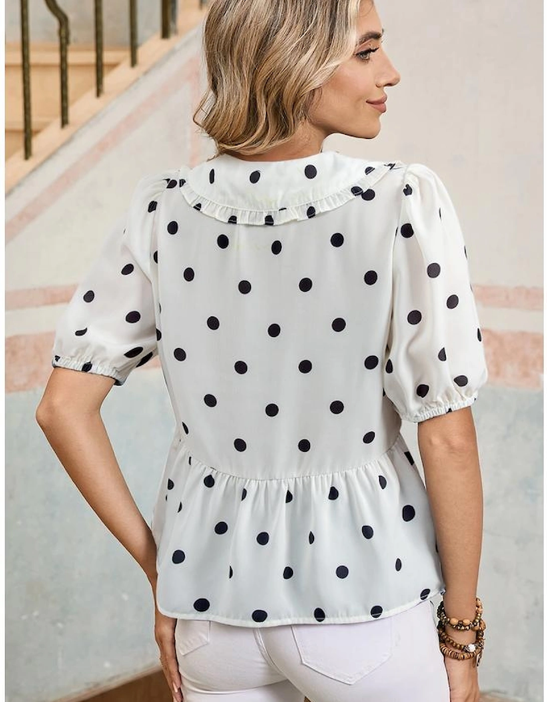 White Polka Dot Collared Lace up Font Puff Sleeve Peplum Top, 11 of 10