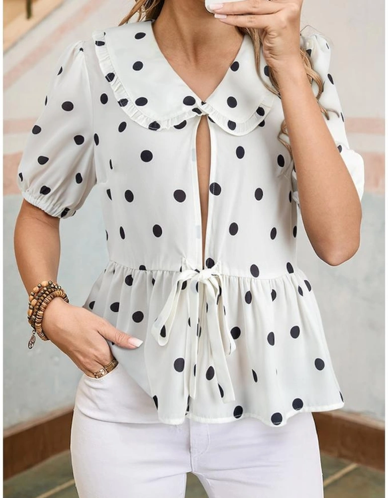 White Polka Dot Collared Lace up Font Puff Sleeve Peplum Top