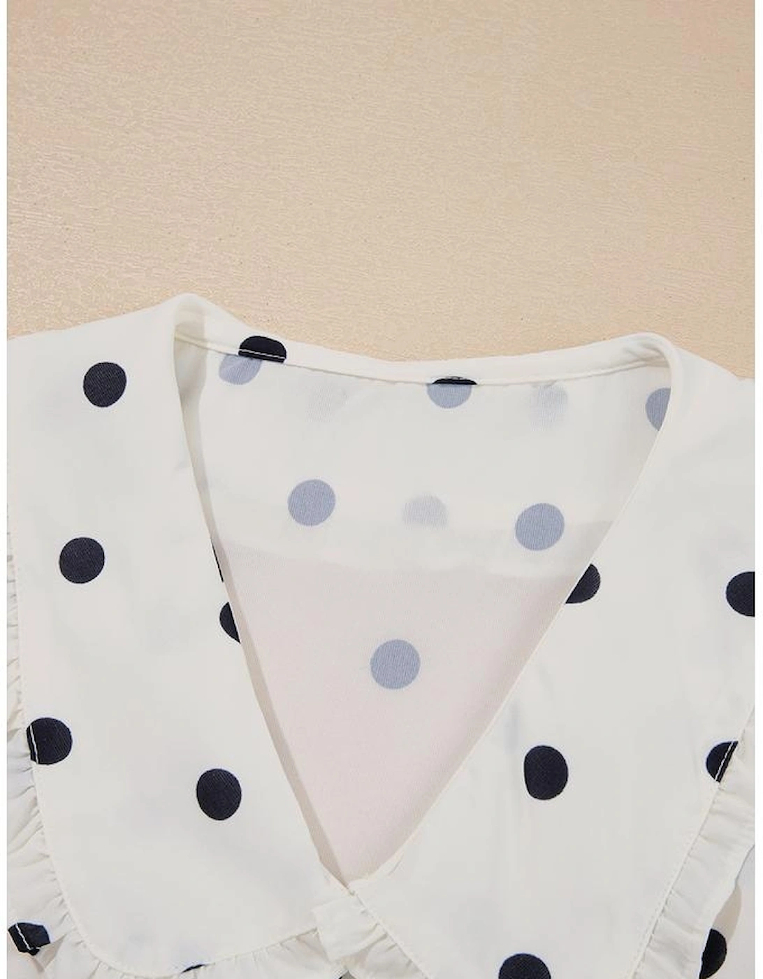 White Polka Dot Collared Lace up Font Puff Sleeve Peplum Top