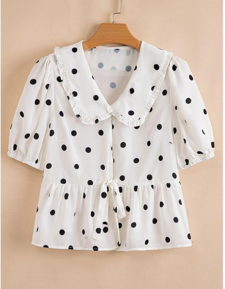 White Polka Dot Collared Lace up Font Puff Sleeve Peplum Top