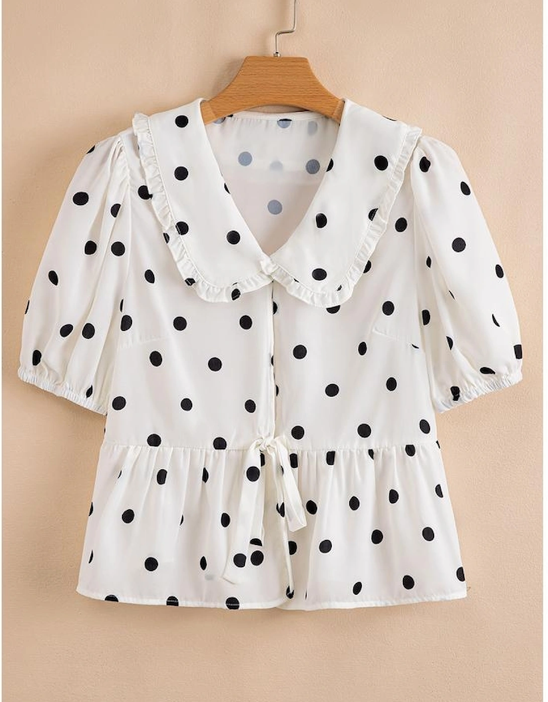 White Polka Dot Collared Lace up Font Puff Sleeve Peplum Top