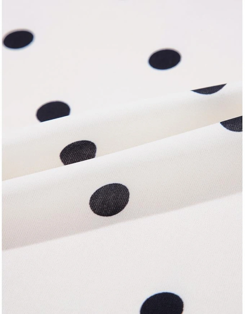 White Polka Dot Collared Lace up Font Puff Sleeve Peplum Top