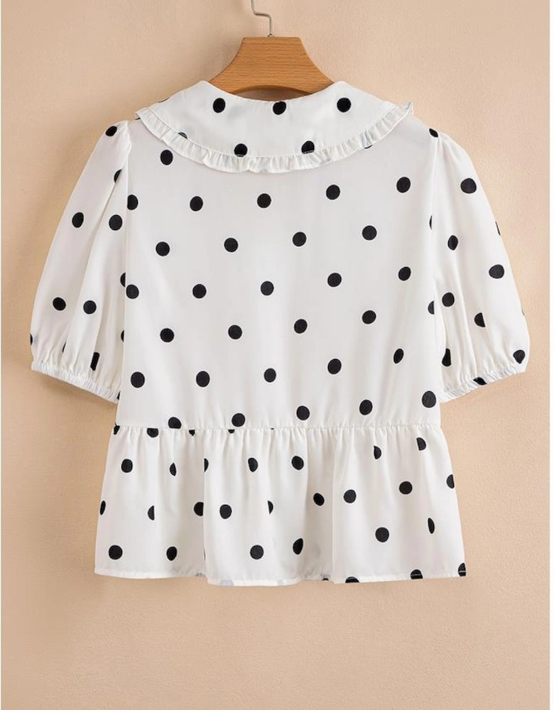 White Polka Dot Collared Lace up Font Puff Sleeve Peplum Top