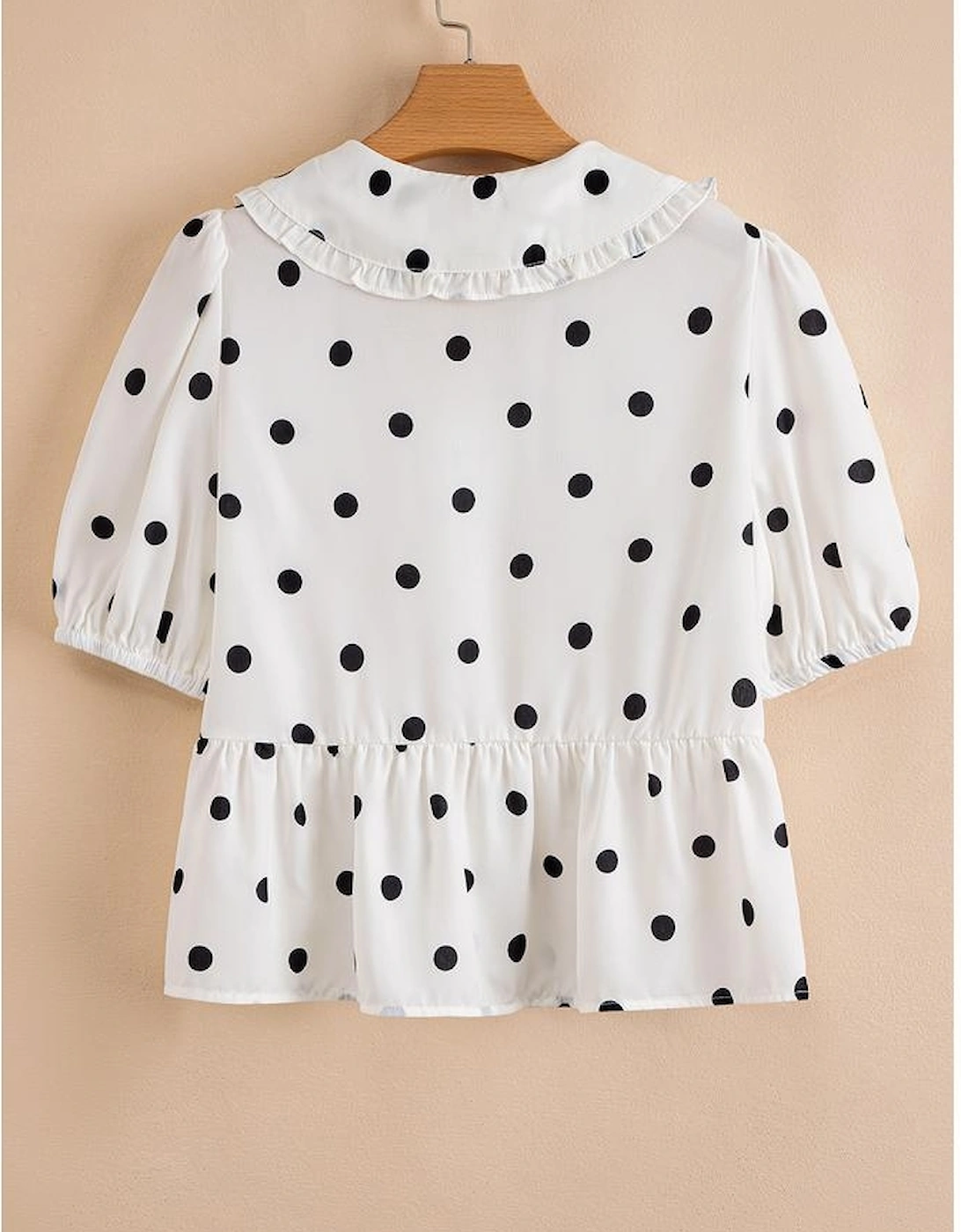 White Polka Dot Collared Lace up Font Puff Sleeve Peplum Top