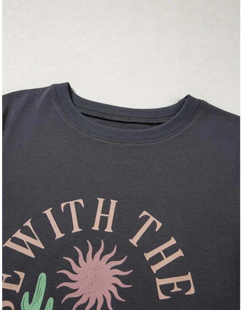 Dark Grey RISE WITH THE SUN Western Fashion Graphic Tee