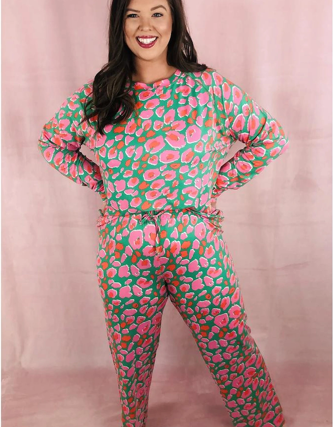 Green Plus Size Printed Long Sleeve and Pants Lounge Set
